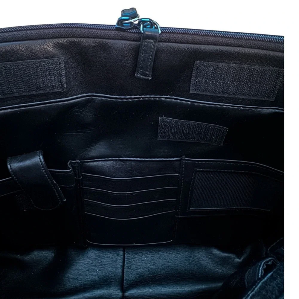 PERLINA Soft Black Leather Multi Compartment Tote Bag Laptop Work Bag Satchel